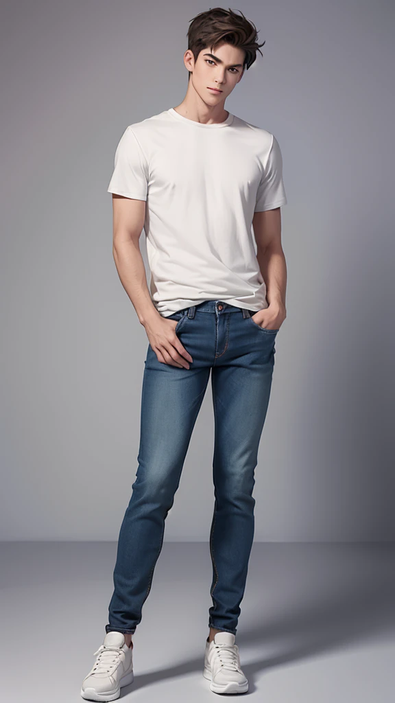 a full-length masculine man in a casual pose. slim build. wearing a short-sleeved t-shirt and jeans and detailed athletic shoes. Hairstyle should be simple and natural. Try to keep body proportions realistic and avoid distortions. Face should be in a neutral expression, looking straight ahead, full-length distant view, 0° angle, frontal, framing distance 5760 mm