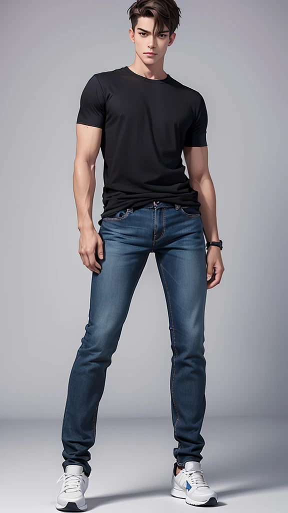 a full-length masculine man in a casual pose. slim build. wearing a short-sleeved t-shirt and jeans and detailed athletic shoes. Hairstyle should be simple and natural. Try to keep body proportions realistic and avoid distortions. Face should be in a neutral expression, looking straight ahead, full-length distant view, 0° angle, frontal, framing distance 5760 mm