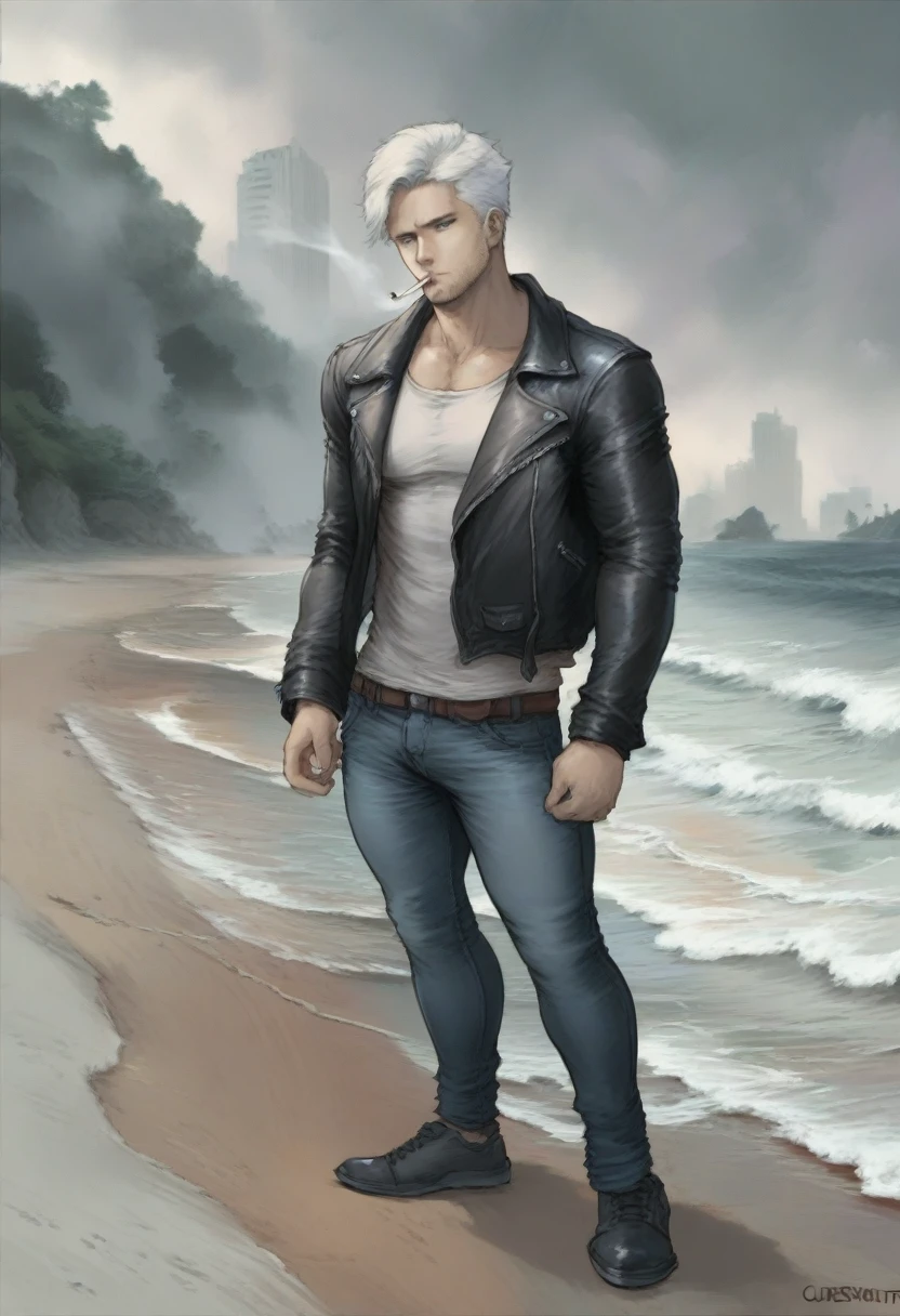 {{full body, dutch angle}} {{Artist: cutesexyrobutts}} 1male, solo, male, white hair, short hair, white eyes, leather jacket, jeans, outdoors, beach, overcast, looking at viewer, standing, fog, modern-day, cigarette, smoking, day, stubble