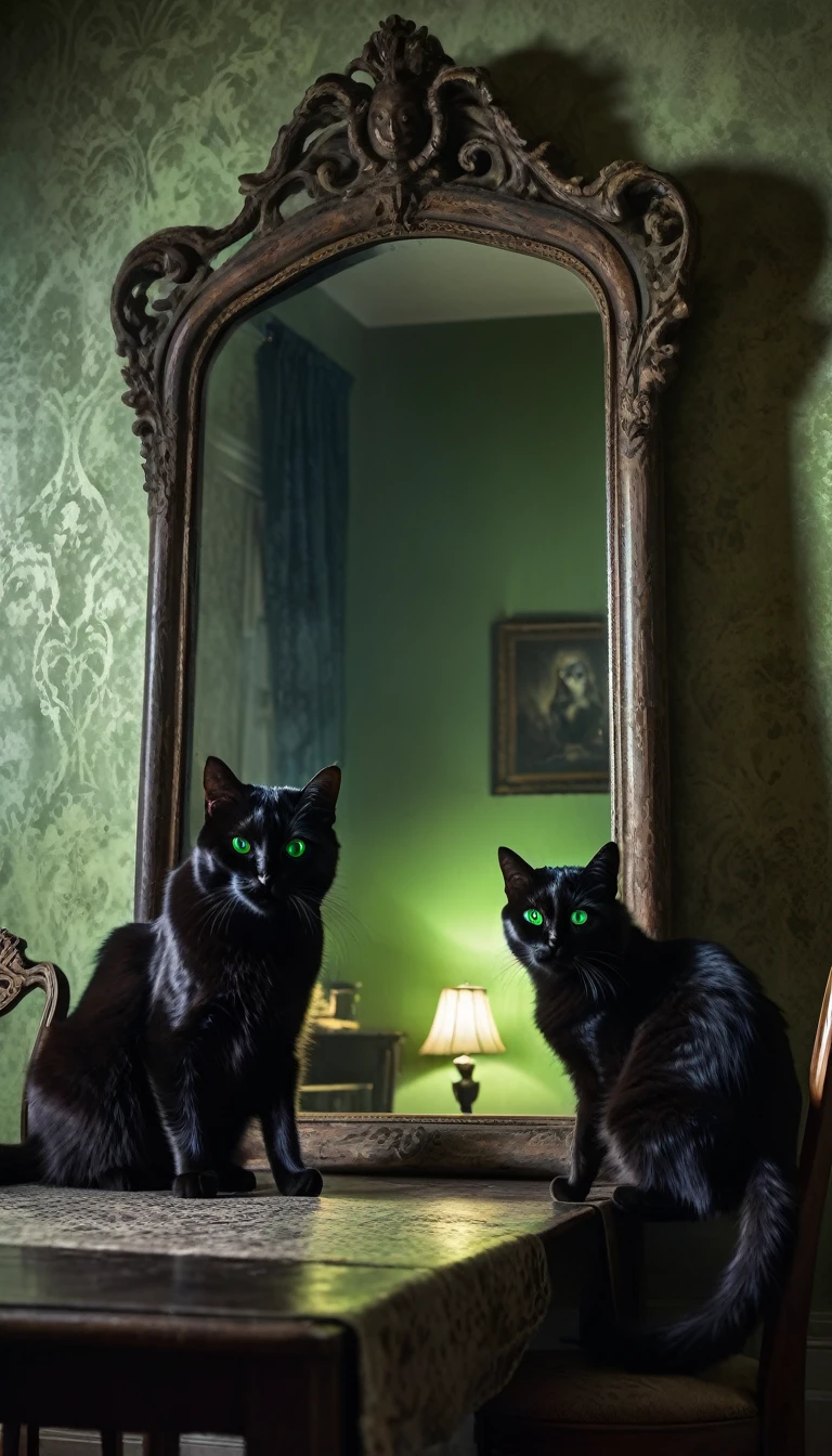 A dimly lit apartment living room at night, with a large ornate antique mirror on the wall. In the mirror's reflection, a sinister shadowy figure with glowing green eyes is visible, reaching out towards the viewer. In the foreground, a terrified young woman with long brown hair is backing away from the mirror, her eyes wide with fear. A black cat with unusually dark fur sits on a nearby table, its green eyes fixed on the woman. The room has a eerie, unsettling atmosphere with long shadows and a bluish light from the window