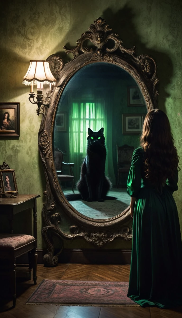 A dimly lit apartment living room at night, with a large ornate antique mirror on the wall. In the mirror's reflection, a sinister shadowy figure with glowing green eyes is visible, reaching out towards the viewer. In the foreground, a terrified young woman with long brown hair is backing away from the mirror, her eyes wide with fear. A black cat with unusually dark fur sits on a nearby table, its green eyes fixed on the woman. The room has a eerie, unsettling atmosphere with long shadows and a bluish light from the window