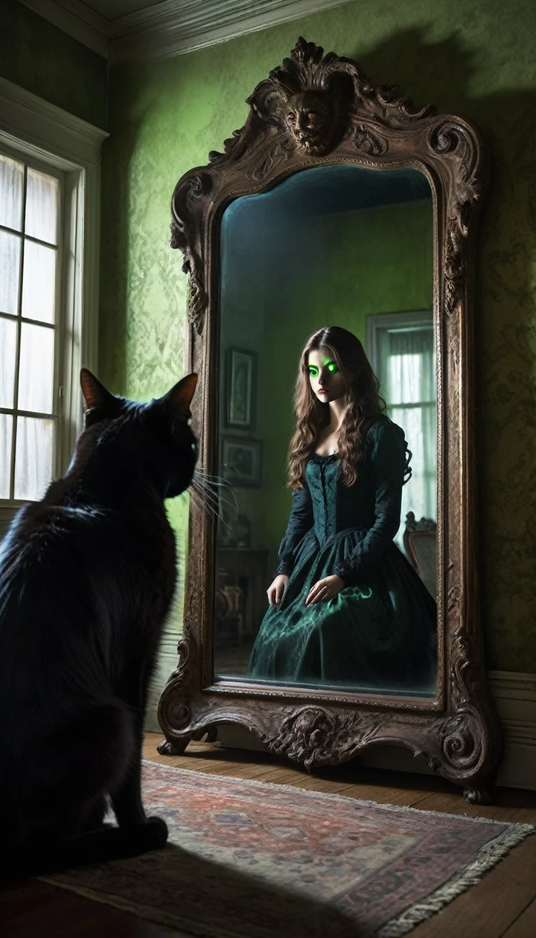 A dimly lit apartment living room at night, with a large ornate antique mirror on the wall. In the mirror's reflection, a sinister shadowy figure with glowing green eyes is visible, reaching out towards the viewer. In the foreground, a terrified young woman with long brown hair is backing away from the mirror, her eyes wide with fear. A black cat with unusually dark fur sits on a nearby table, its green eyes fixed on the woman. The room has a eerie, unsettling atmosphere with long shadows and a bluish light from the window