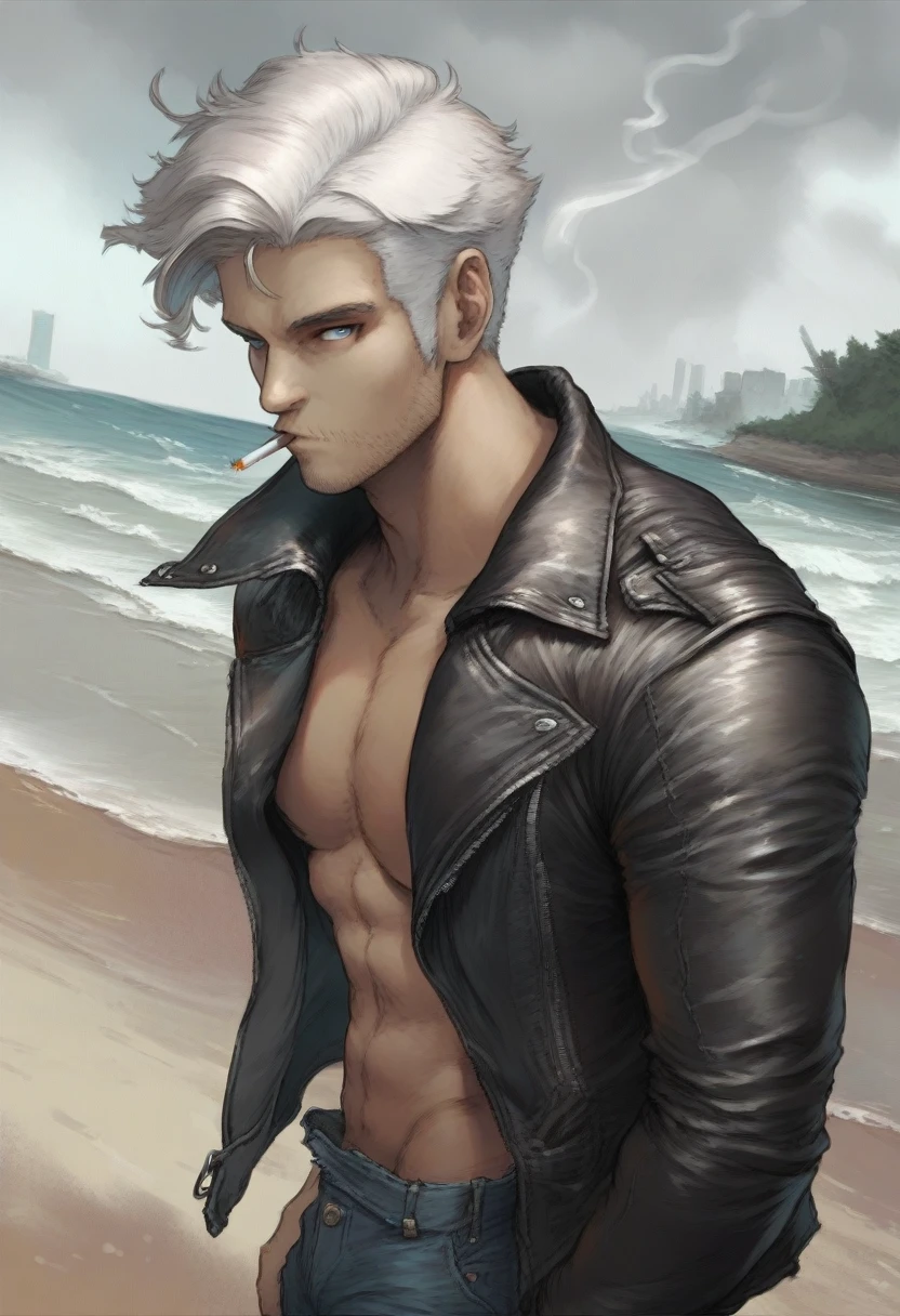 {{portrait, dutch angle}} {{Artist: cutesexyrobutts}} 1male, solo, male, white hair, short hair, white eyes, leather jacket, jeans, outdoors, beach, overcast, looking at viewer, standing, fog, modern-day, cigarette, smoking, day, stubble