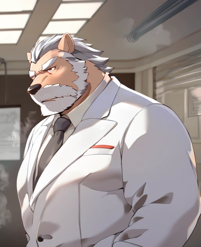 Wolf，personification，Mature male，Strong Man，Gray hair，naked，Sleepy expression，Red pupil，White eyebrows，White suit suit，Hands in pockets，The Age of Steam，Hospital Office。