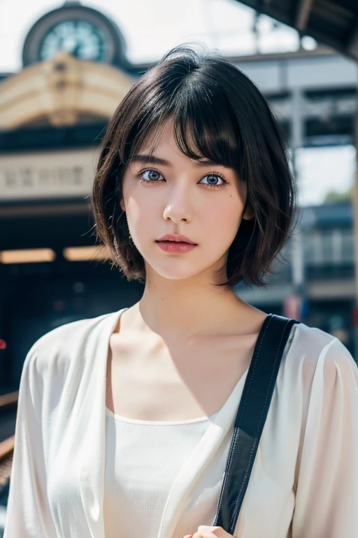 (award winning, 8k, super detailed, high resolution, best quality, photography), 1girl, solo, beautiful girl, beautiful eyes, detailed eyes, (black eye), white blouse and jeans, short hair, black hair, train station background, POV, ((upper body portrait))