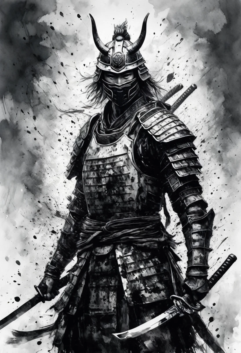 Black and white painting,Ink Painting,and blood splatter,Warrior,Mamba Hair,detailed beautiful face,Beard,(samurai armor,Detailed Armor),(backlighting:1.3),(from below:1.2),(full body:1.1),
