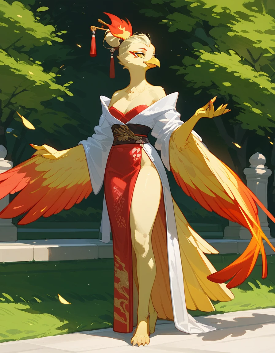score_9, score_8_up, score_7_up, an Anthro phoenix girl, avian female, red and yellow body, spikey yellow hair, wearing elegant kimono, barefoot, standing, yellow eyes, outdoors, at a park, seductive