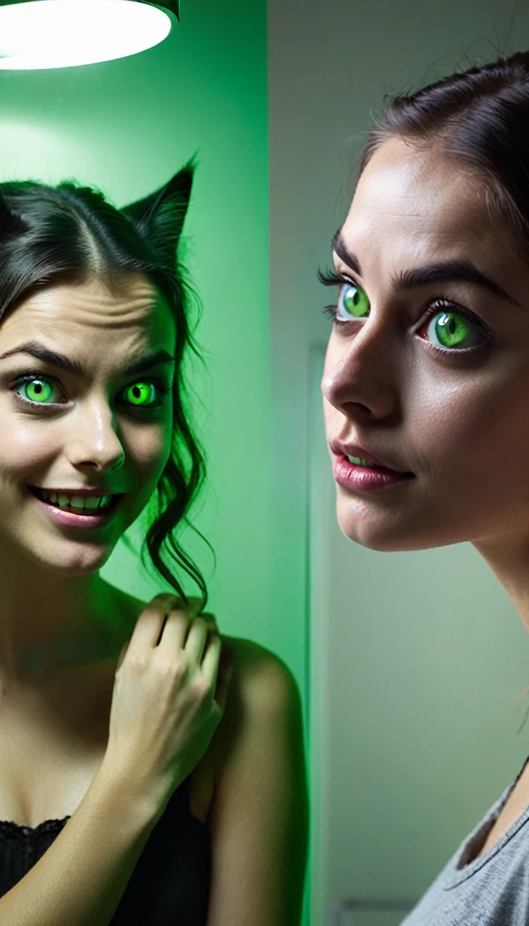 Split-screen image: on the left side, a normal bathroom with a young woman looking into a mirror, her expression worried. On the right side, the same bathroom but darker and distorted, showing the woman's reflection in the mirror with glowing green eyes and a malevolent smile. The reflection's hand is reaching out of the mirror towards the real woman. In the background of both sides, barely visible, is the silhouette of a black cat. The overall tone is creepy and suspenseful, with sharp contrasts between light and shadow.