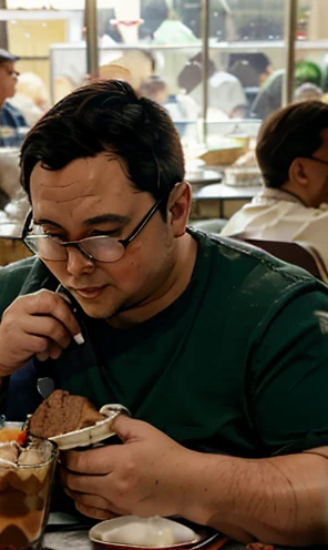 Wearing transparent red prescription glasses,(((He is very chubby and is having a meal in the cafeteria with other Astronauts))), Inside the spacecraft.