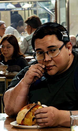Wearing transparent red prescription glasses,(((He is very chubby and is having a meal in the cafeteria with other Astronauts))), Inside the spacecraft.