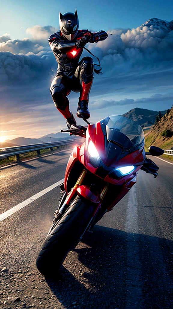 superhero,masked rider,motorcycle,supercar,racing,jumping,speeding,high-detailed,4k,8k,highly detailed,masterpiece,photorealistic,dynamic motion,action pose,dramatic lighting,cinematic,intense colors,rugged mountain road,dust clouds,motion blur