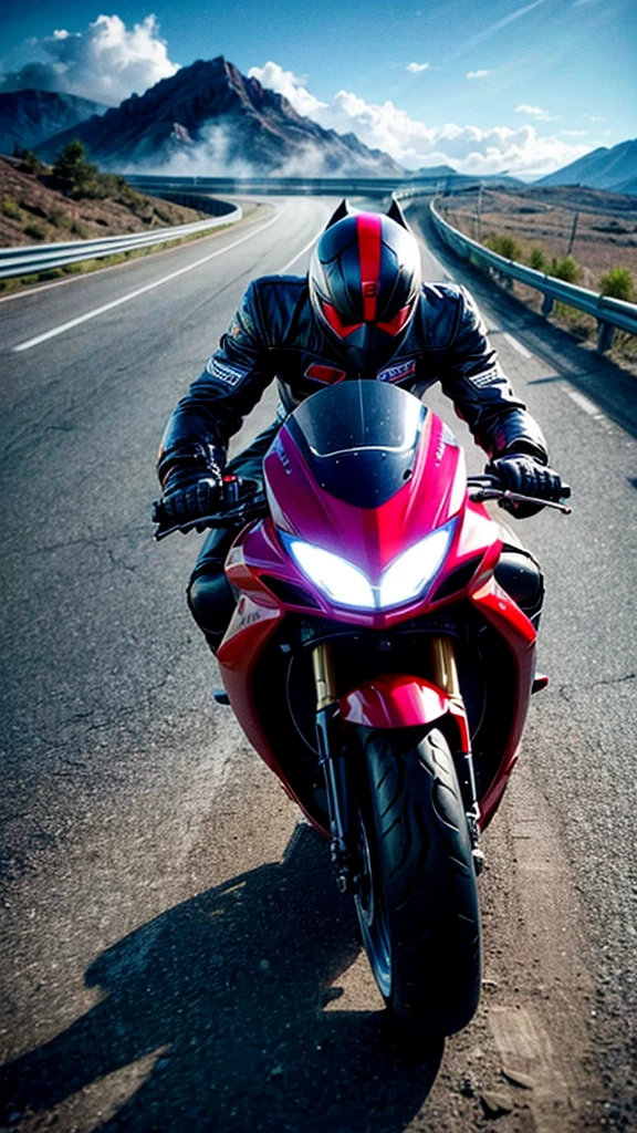 superhero,masked rider,motorcycle,supercar,racing,jumping,speeding,high-detailed,4k,8k,highly detailed,masterpiece,photorealistic,dynamic motion,action pose,dramatic lighting,cinematic,intense colors,rugged mountain road,dust clouds,motion blur