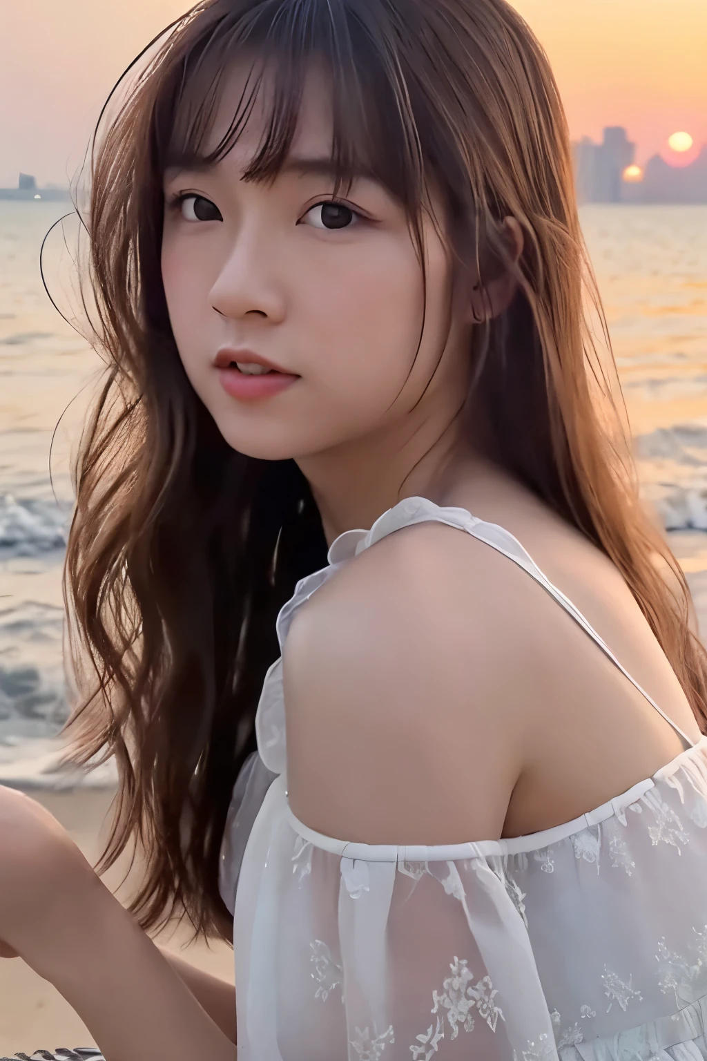 Create a high-quality, hyper-realistic portrait of a very beautiful Japanese idol. She is wearing a clean white summer dress and is squatting on the beach during sunset at sea. The deep indigo of the night sky contrasts with the last vestiges of crimson near the horizon, with swaying waves in the background. The girl has semi-long hair and a slender body with small breasts. The photo should capture her with detailed eyes, a detailed face, and a beautiful, sophisticated nose. The image should have a realistic, delicate, and finely detailed quality, suitable for a fashion magazine cover. Use cinema lighting and soft light to enhance her features. Ensure the photo is of the highest quality, with a resolution of 8K, making it perfect for a 2K wallpaper.