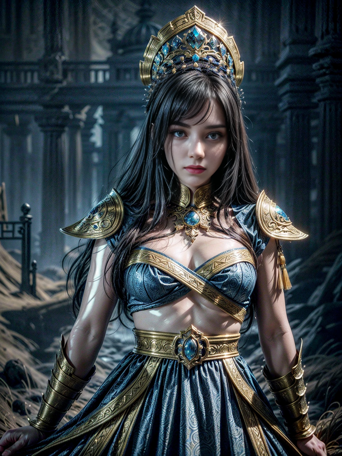 a detailed blue and gold medieval cosplay, highly realistic, in the style of xu beihong's ink paintings, arabesque/scroll patterns, wimmelbilder composition, dramatic cyan lighting, (best quality,8k,hyperdetailed,masterpiece:1.2),ultra-detailed,(realistic,photorealistic,photo-realistic:1.37),intricate costume and accessories, beautiful female figure, stunning facial features, expressive eyes, elegant pose, ornate headdress, flowing robes, detailed armor, delicate jewelry, glowing aura, fantasy landscape background, detailed textures, vibrant colors, dramatic lighting, atmospheric mist