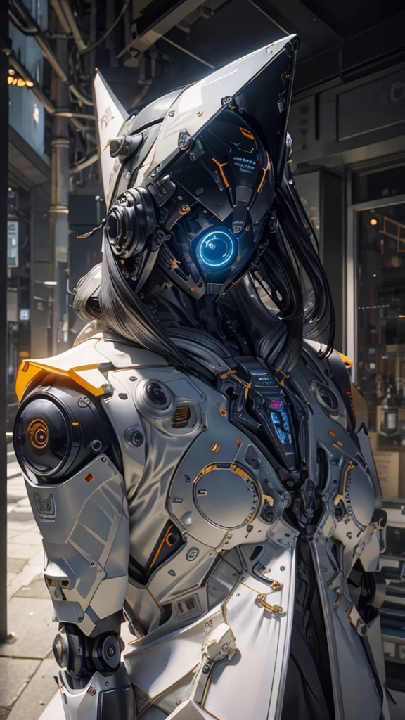 1 robot, organic, orange triangle glowing eyes, cyberhelmet, long hair, white plastic, diffuse lighting, fantasy, intricate, elegant, highly detailed, lifelike, photorealistic, smooth, sharp focus, art by John Collier and Albert Aublet and Krenz Cushart and Artem Demura, wires, tubes, dark room, dim light