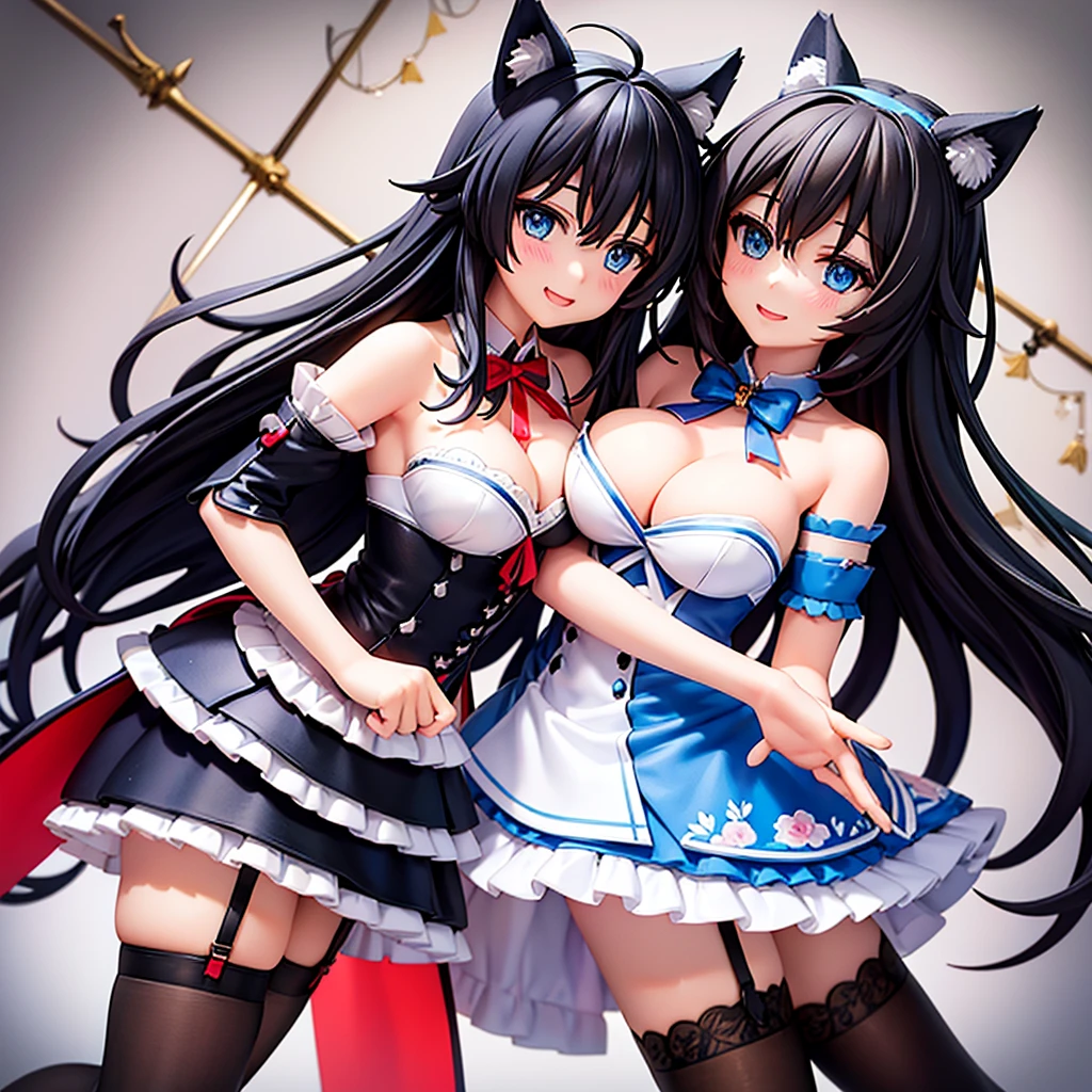 Anime painting。character1。 Black hair wolf ears。garter belt stockings。Blue dance dress costume。Adhesive Red Glasses。Blue Eyes。smile。Blushing Beauty。first round。 High angle cleavage close up。