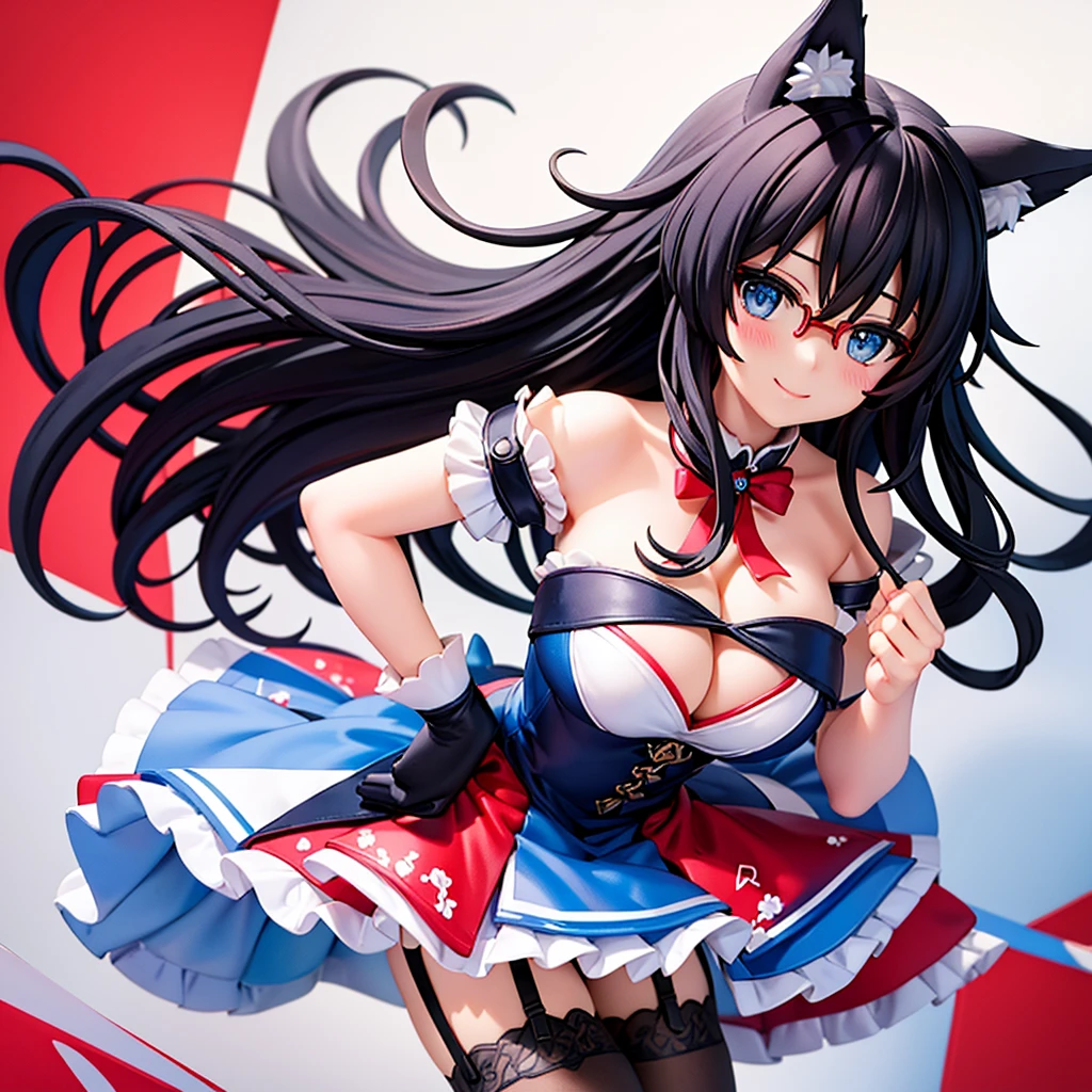 Anime painting。character１。 Black hair wolf ears。garter belt stockings。Blue dance dress costume。Adhesive Red Glasses。Blue Eyes。smile。Blushing Beauty。first round。 High angle cleavage close up。