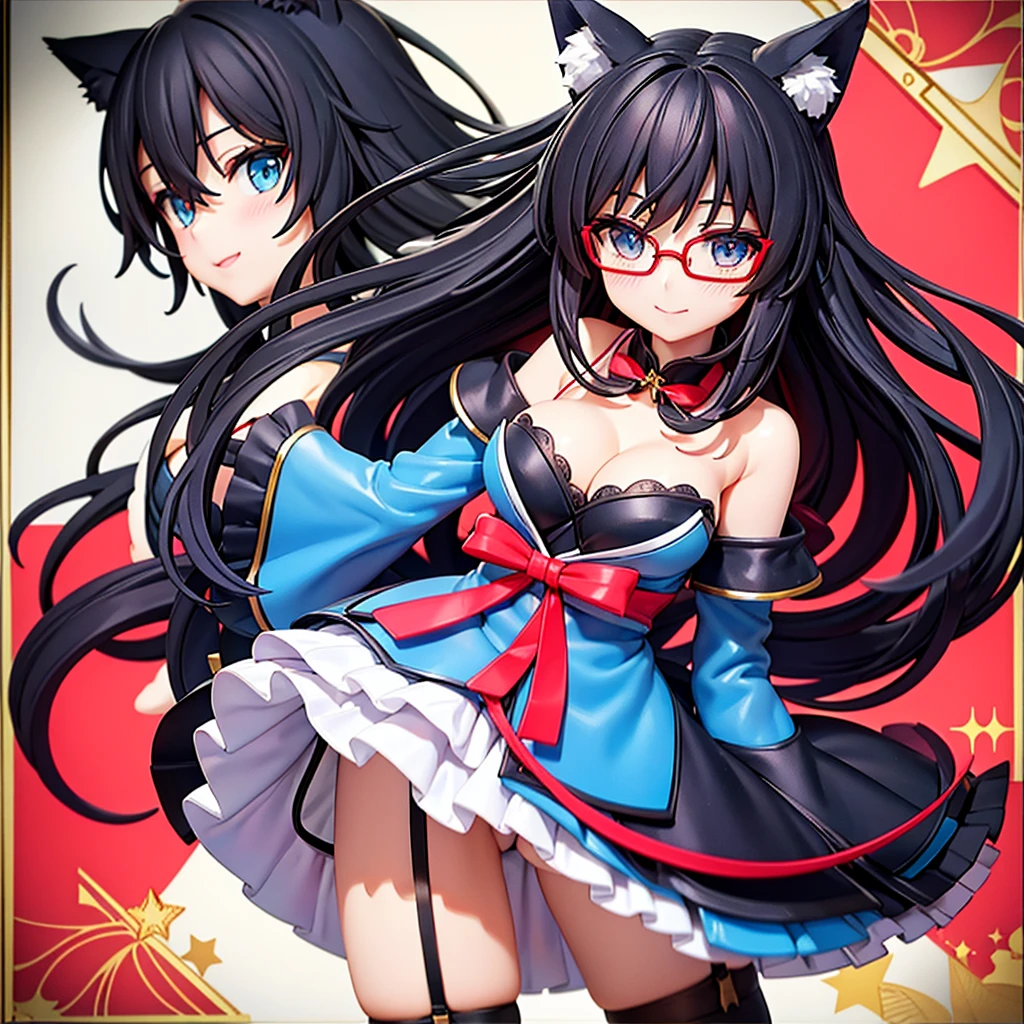 Anime painting。character１。 Black hair wolf ears。garter belt stockings。Blue dance dress costume。Adhesive Red Glasses。Blue Eyes。smile。Blushing Beauty。first round。 High angle cleavage close up。