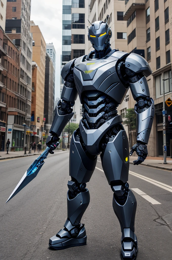 Generate a robo wedges 5.4 feet tall and having lot of weapons on his arm make it more dangerous