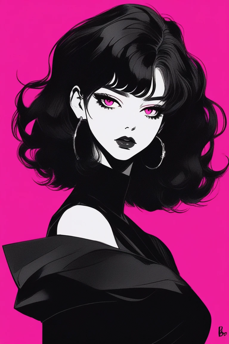 (best quality, sketch:1.2),realistic,illustrator,anime,1 girl, detailed lips, black dress,custom, (background dark monochrome), dark hair,textured cropping, masterpiece, style retro classic, noir dark, art, sketch book, (bob hair black:1.75 neon:1.32), bad women , dark shadows