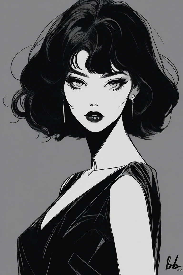 (best quality, sketch:1.2),realistic,illustrator,anime,1 girl, detailed lips, black dress,custom, (background dark monochrome), dark hair,textured cropping, masterpiece, style retro classic, noir dark, art, sketch book, (bob hair black:1.75 neon:1.32), bad women , dark shadows 
