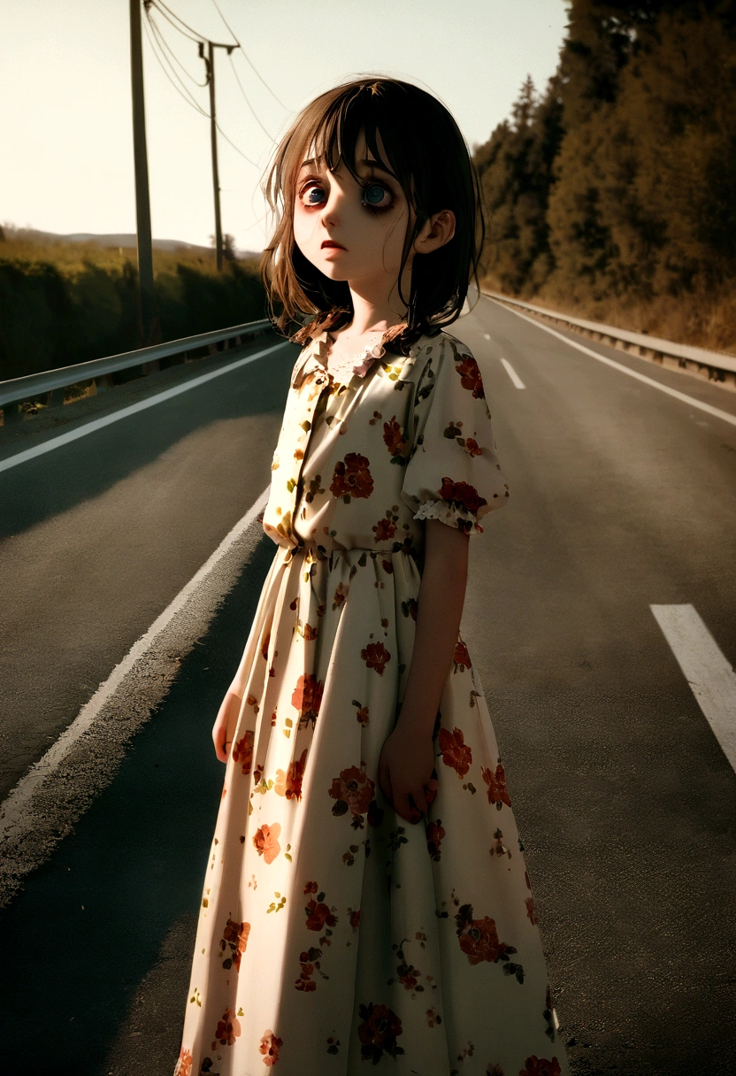 9 year old girl, wearing a floral dress, standing on the side of a highway, macabre look, horror film photography, afternoon scene, perfect eyes
