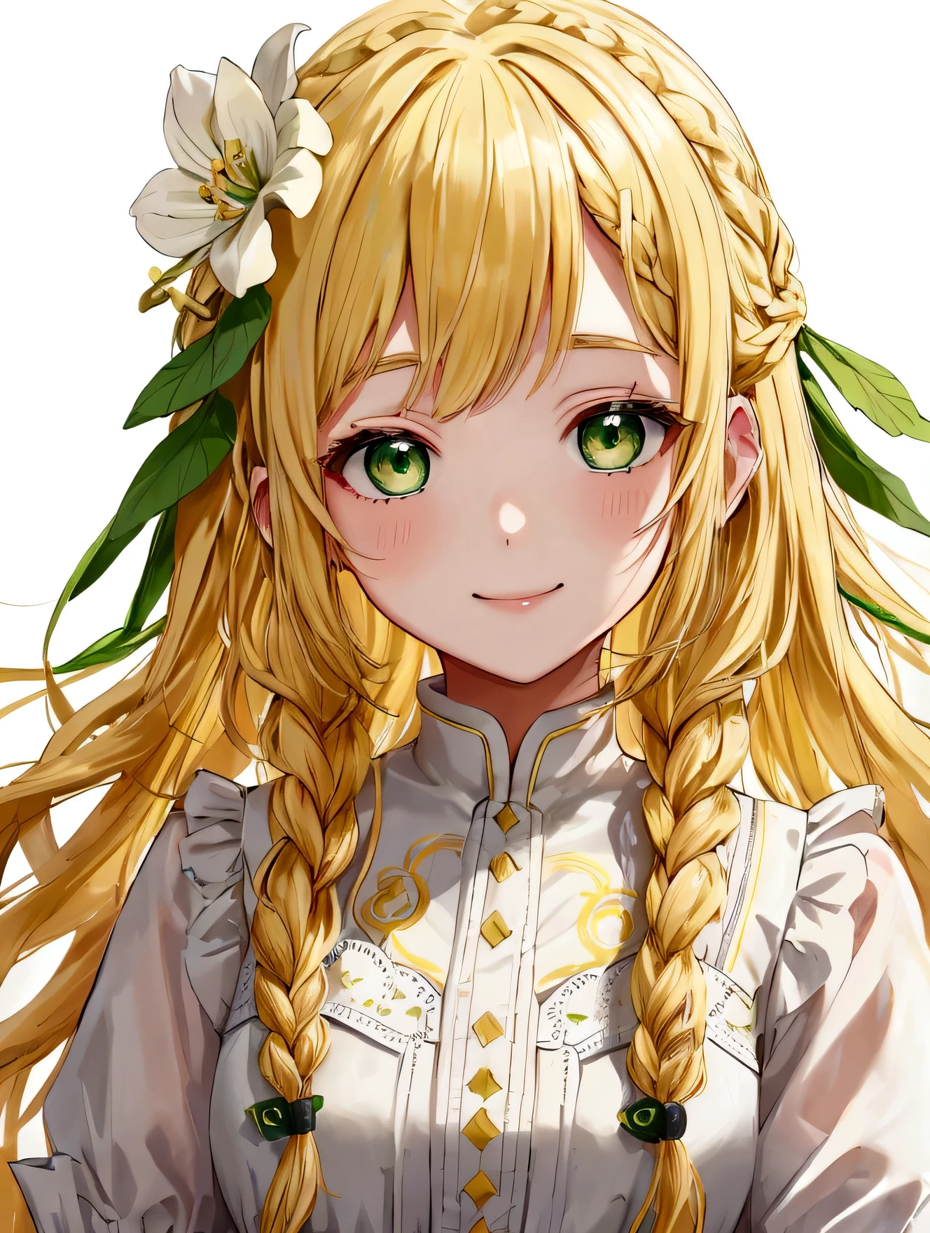 Yellow Hair、Wavy Hair、Braid、One Girl,20-year-old,Beautiful Face,Upper Body、Sharp focus,White Dress、A kind smile、Green Eyes、White clothes、Flower Hair Ornaments