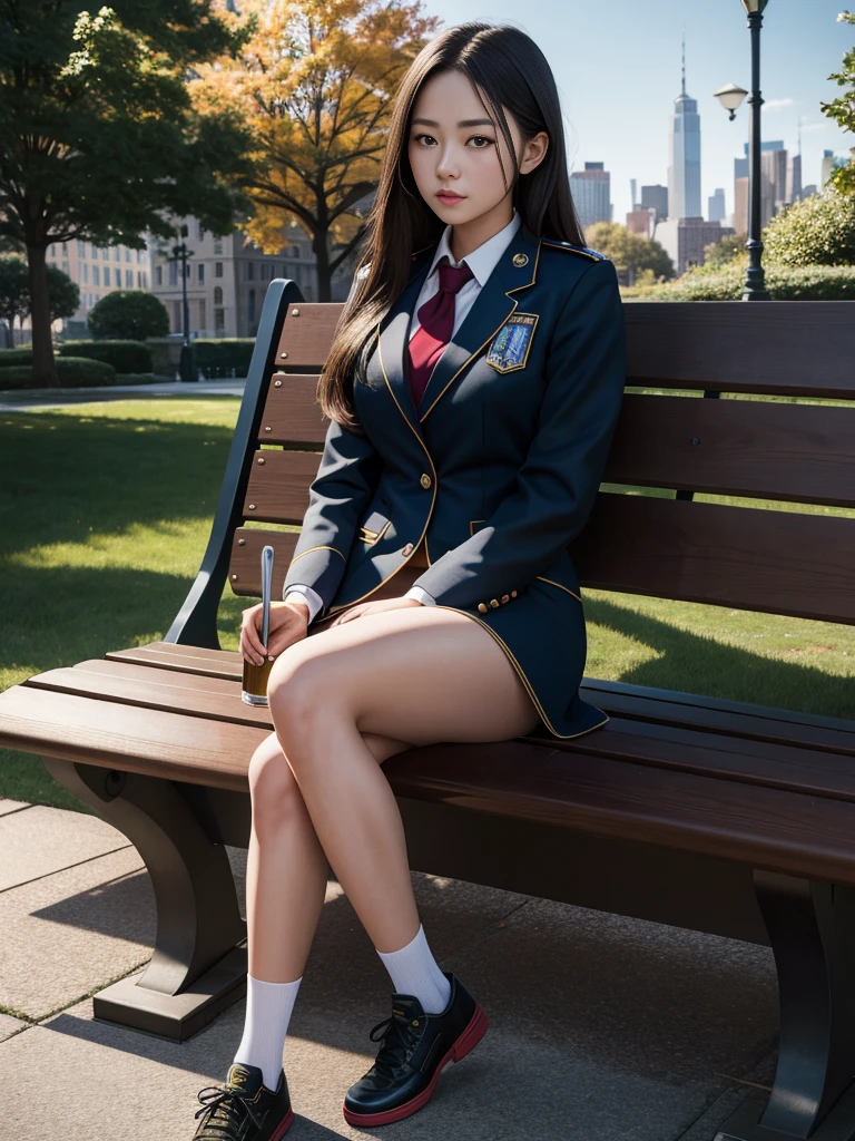 (best quality, 4k, Masterpiece, Ultra detailed, hyperrealism), 1 girl, alone, RAW quality, beautiful 21 year old lady, university uniform, sitting on bench, legs visible, holding her right knee, park walk, global illumination, in the morning, attention to details, city NY. RAW quality