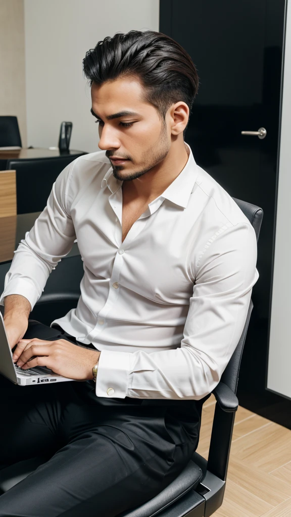 A stylist man using laptop in formal at luxury office