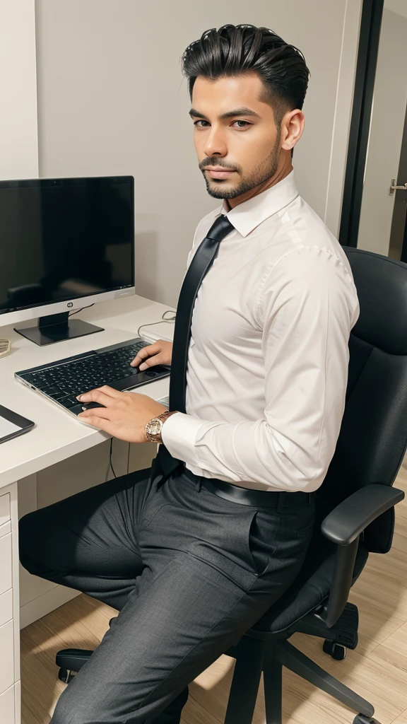 A stylist man using laptop in formal at luxury office