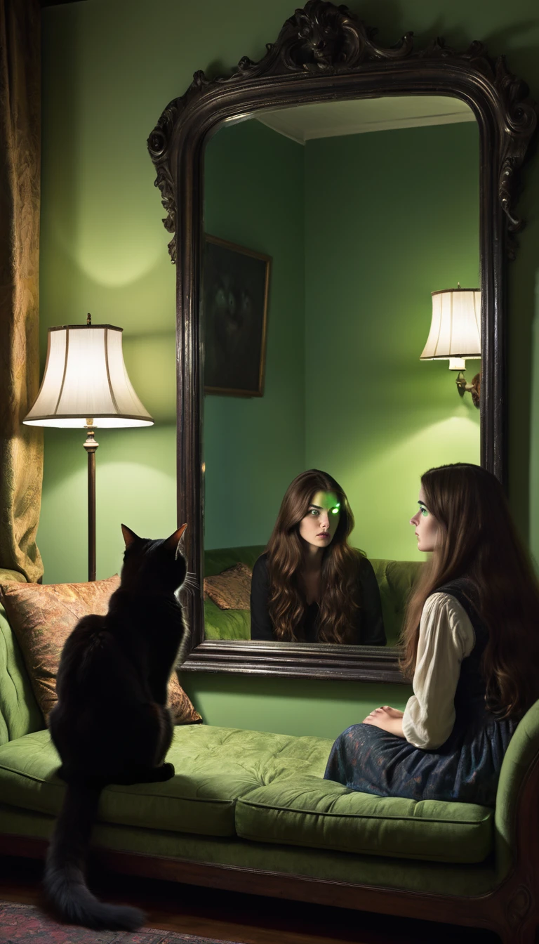 A dimly lit apartment living room at night, with a large antique mirror on the wall. A woman with long brown hair sits on a couch, looking frightened as she stares at her reflection in the mirror, which seems slightly different from her actual appearance. A black cat with glowing green eyes sits on the windowsill, its fur seeming to absorb the surrounding light