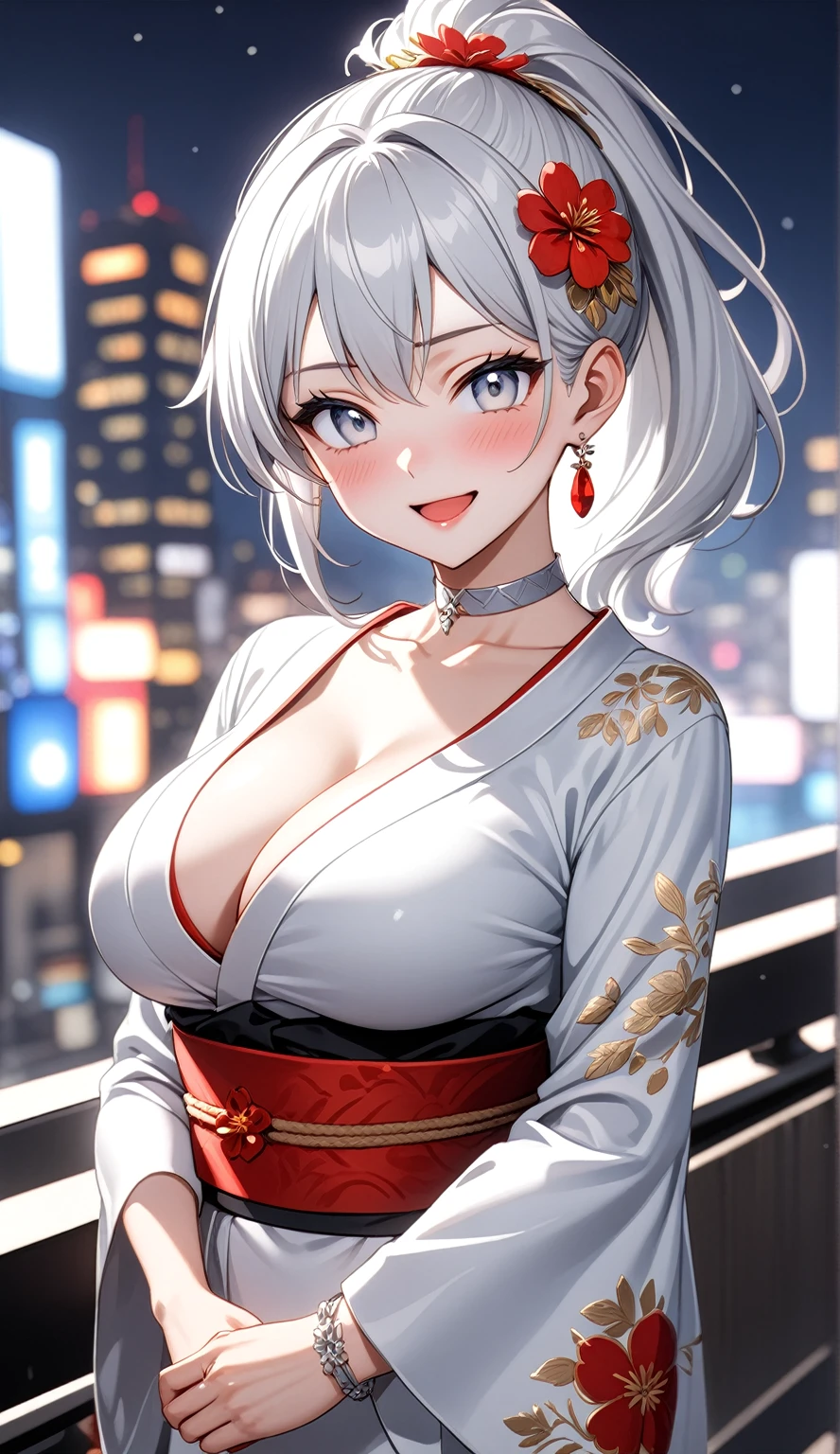 ((One personの女性)), Beautiful Face, Laughing embarrassedly, (laugh:1.2),((Wink:1.9)), (head tilt:1.3), Laugh with your mouth wide open, upper teeth, looking at viewer, ((full-face blush:1.6)),Glossy Red Lips, night, Skyscraper rooftop, firework, Glossy red lips, Shining Face, ((Anime style background)),masterpiece, Highest quality, so beautiful,up to date, Complex details, (Pink long nails),(ring),(bracelet),(Floral choker),AI-generated, Complex,High resolution, Highest quality, super high quality,3D Images、3D Images, One person, Long white hair, High Ponytail, Anime woman posing for a photo, (blue eyes), ((Fine grain、Silvery white, lightly pigmented eyes、Shining Eyes:1.5)), (Squint your eyes:1.1),a hyperRealistic , hyperRealistic , Realistic,Anime woman with long white hair, Smooth anime CG art, (A woman in a colorful kimono with gold embroidery), ((Black long sleeve kimono)),(Red floral pattern),Long flower hair ornament,Earrings,Mature Body,(Big Breasts:1.1),Tall,Abdominal muscles,Tight waist,(face focus:1.4), (front view),