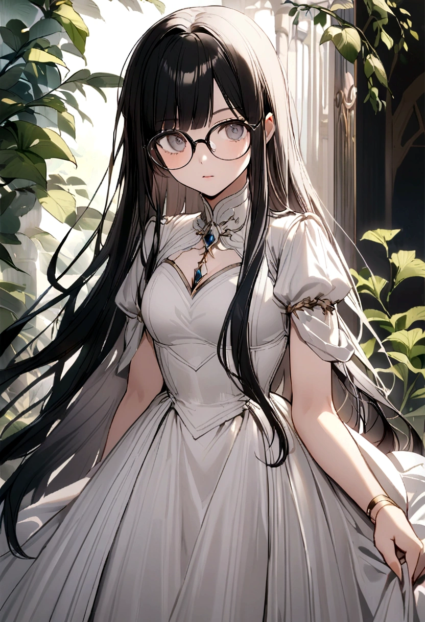 Black long hair，Straight Hair，Glasses，The quiet older sister，garden，White Dress