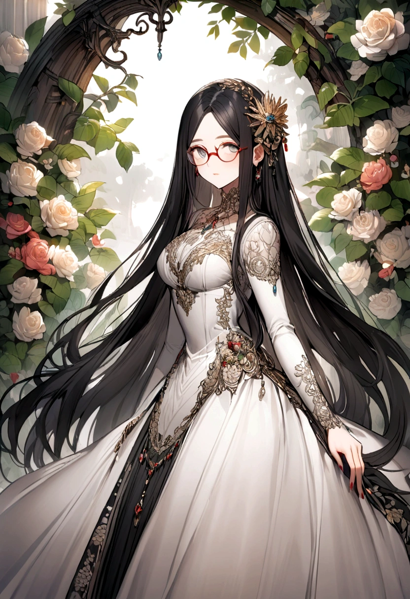 Black long hair,Straight Hair,Glasses,The quiet older sister,garden,White Dress