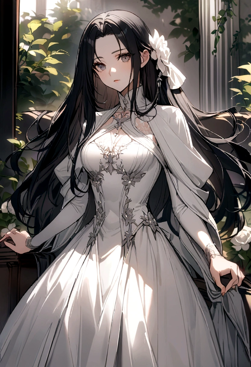 Black long hair，Straight Hair，The quiet older sister，garden，White Dress