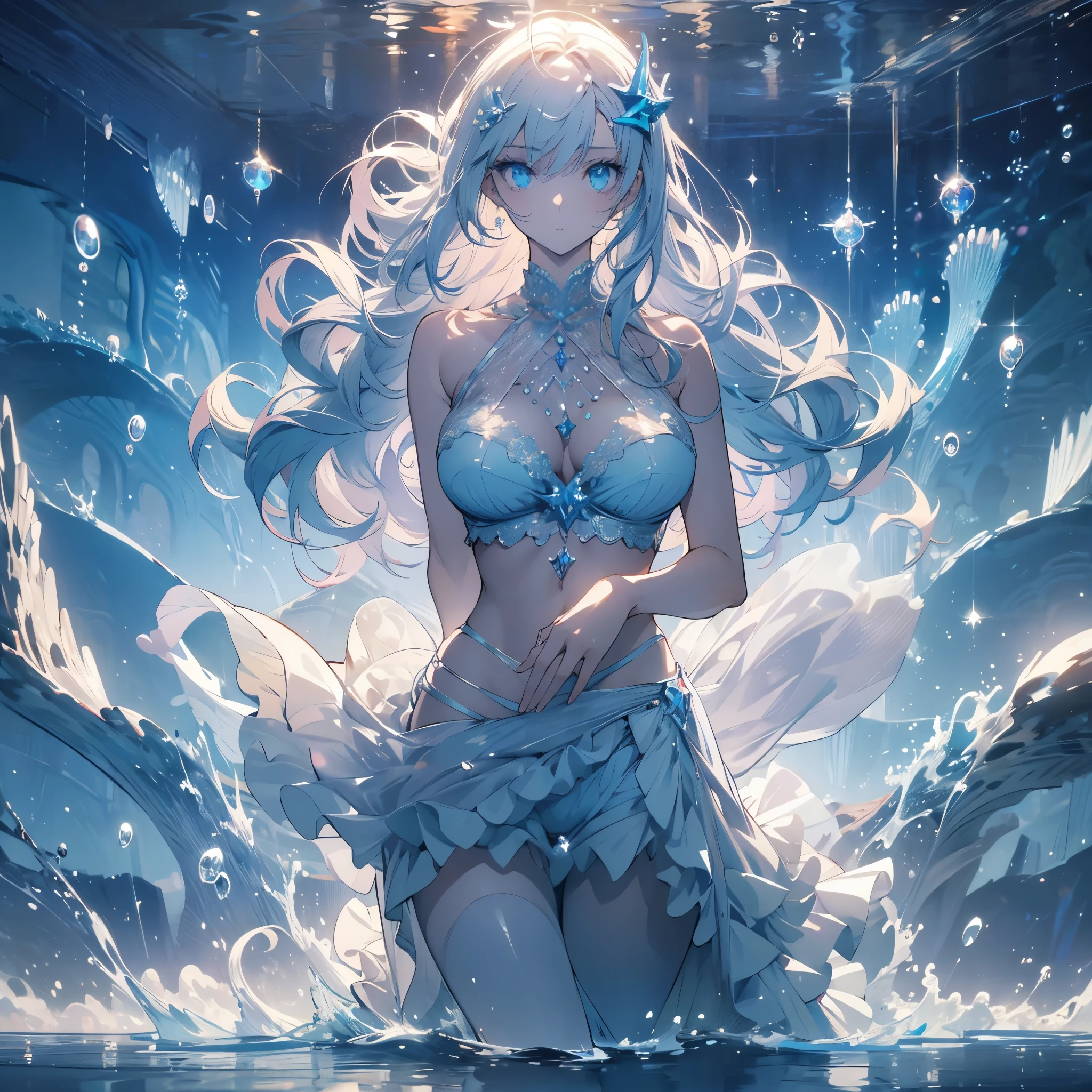((masterpiece, best quality)), Delicate face, Mermaid under the sea,Scales,whole body,Standing picture,Large Breasts,Gradient long wavy hair,Perfect body proportions,beautiful eyes,Extremely beautiful,transparent,Pure white background,Water Ripples,Sexy Lingerie,Lace