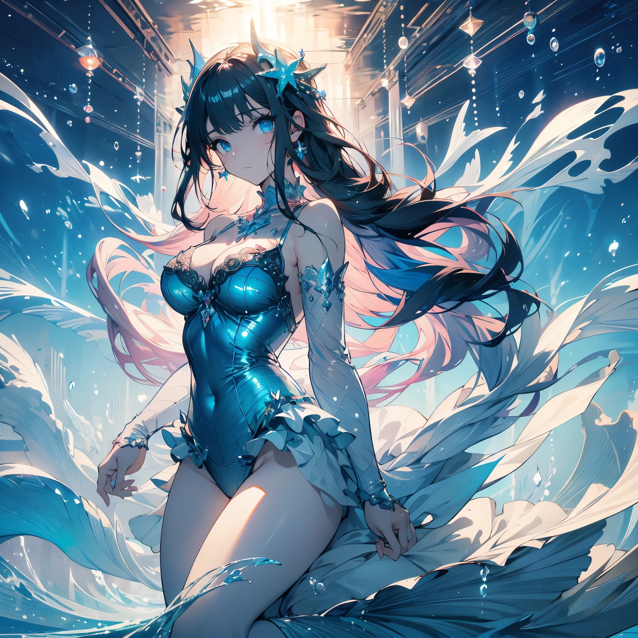 ((masterpiece, best quality)), Delicate face, Mermaid under the sea,Scales,whole body,Standing picture,Large Breasts,Gradient long wavy hair,Perfect body proportions,beautiful eyes,Extremely beautiful,transparent,Pure white background,Water Ripples,Sexy Lingerie,Lace
