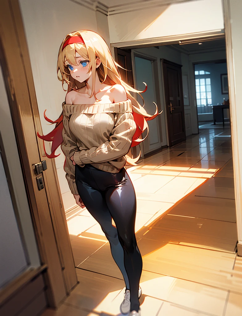 blonde woman, blue eyes, off-the-shoulders beige sweater, black tight fitting pants, red hairband, long blonde hair. standing in a room.