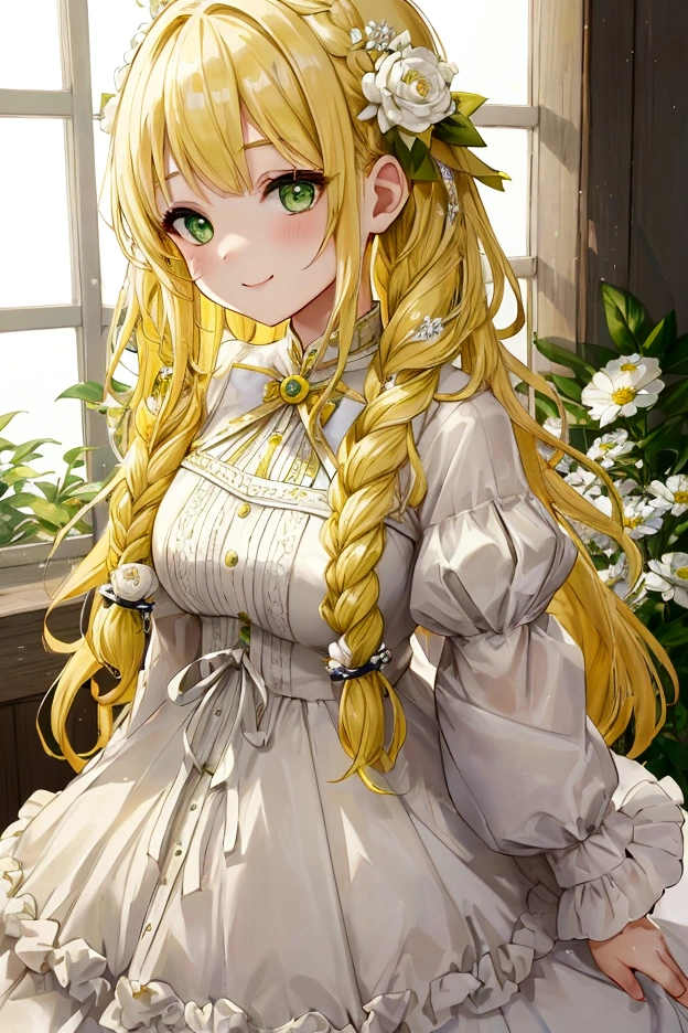 Yellow Hair、Wavy Hair、Braid、One Girl,20-year-old,Beautiful Face,whole body、Sharp focus,White Dress、A kind smile、Green Eyes、White clothes、Flower Hair Ornaments