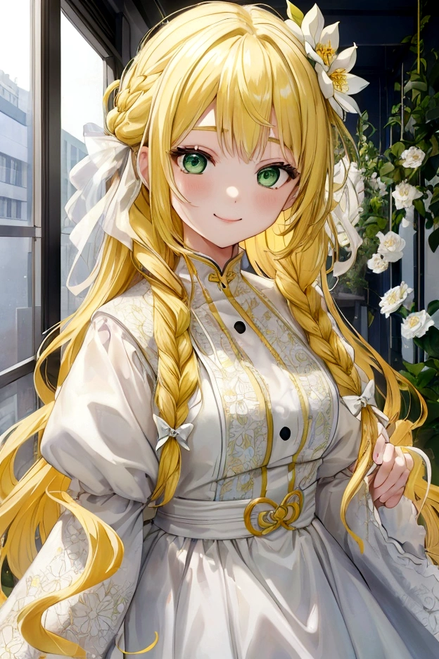 Yellow Hair、Wavy Hair、Braid、One Girl,20-year-old,Beautiful Face,whole body、Sharp focus,White Dress、A kind smile、Green Eyes、White clothes、Flower Hair Ornaments