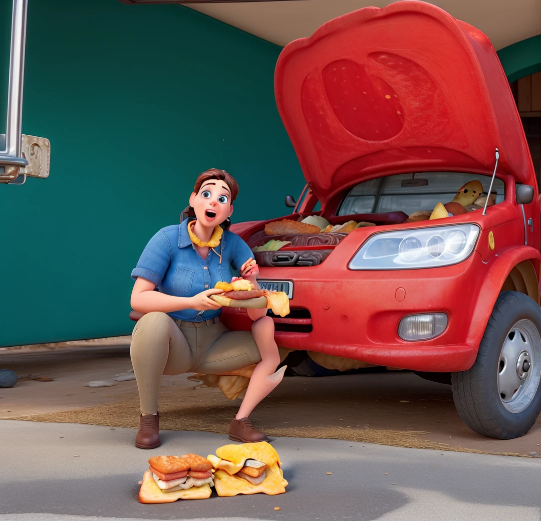 A Woman Eating Sandwich, in great quality and definition in the Disney Pixar style