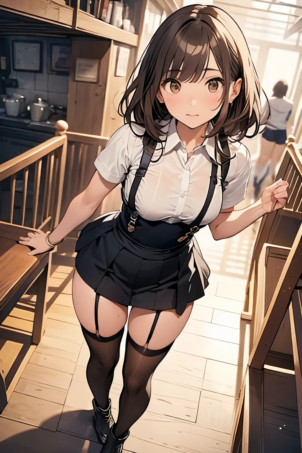 Brown Hair、Looking at the audience　　suspenders　　　bulging big breasts　　 　 　　　　Black mini skirt　garter belt　Knee-high socks　　　　　　sight　　　Small face　bangs 　　　　　beauty　　Show your hand　　 　sight 　Black boots 　Taunt　　Armpit sweat　One person 　　Put your hands behind your back　Dress shirt　　Panty shot