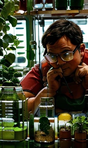 Wearing transparent red prescription glasses,(((He is very chubby and is in the laboratory doing research with plants and vegetables with other Astronauts))), Inside the spacecraft.