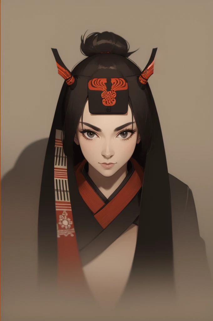 Woman wearing samurai mask 