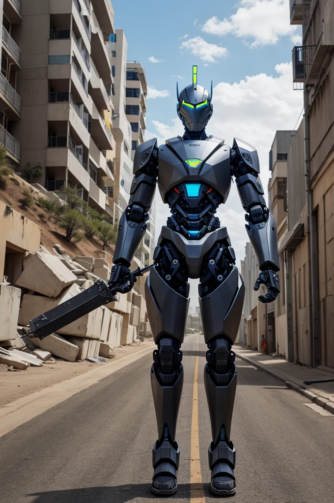 Generate a robo wedges 5.4 feet tall and having lot of weapons on his arm make it more dangerous make it more dangerous
