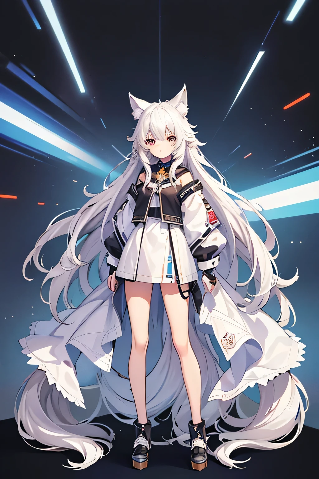 Masterpiece,High Quality:1.2,(Full Length:1.2),((Wolf Ear)),(Young Woman), Cute,((Full Length)), One, Girl,(Long White Hair:1.3),(Messy Hair:1. 2),(I&#39;m eating:1.5),(With scornful eyes:1.4),(Sky Eyes:1. 3 ),(Red Eyes:1.2),(Face focus:1.3),(Super smile:1.3),(Gentle features:1. 3),(Long white hair:1.3), my hair is messy,((Clear Eyes)),(Red eyes:1. 3 ),(Perfectly detailed eyes:1.3),((Perfect hands)),(Anime Big Tits),(Luminous), black clothes, dynamic angle, dynamic pose,((Shine of light)),((photo shoot ))),(feminine:1.4),(beautiful:1.4),(Charm:1.3),(Light background)