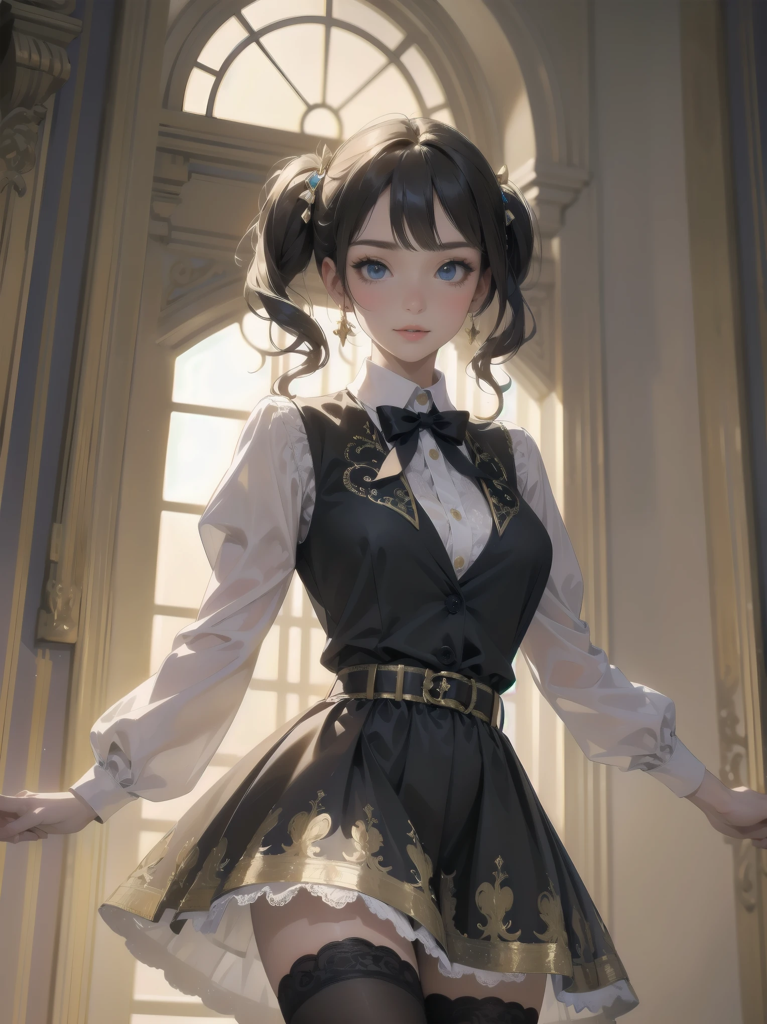 A lavish, photorealistic illustration of Soro, a charming 19th-century maiden, exudes elegance in a masterfully crafted scene. Framed by a ornate, gilded archway, she stands poised, her twintails adorned with sparkling bows, her cardigan vest and short-sleeved shirt perfectly complementing her plaid skirt. Over black legwear, her loafers add a touch of whimsy. A radiant smile spreads across her face, her eyes sparkling like diamonds in the soft, golden light. Every detail, from the intricate lace trim to the delicate folds of her garments, is meticulously rendered by a master illustrator's hand, Dynamic angle shooting by Spielberg、Audrey Hepburn&#39;s acting instruction: Dynamic poses