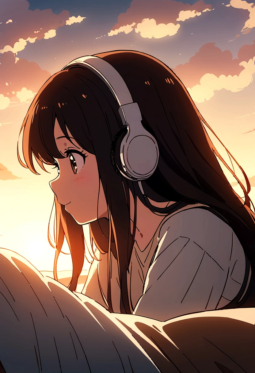 Keywords : masterpiece, best quality, movie stills, one girl, girl in clouds, happy, warm soft lighting, listening to music on headphones in room bed, long hair girl, big eyes, profile, summer sky, illustration style