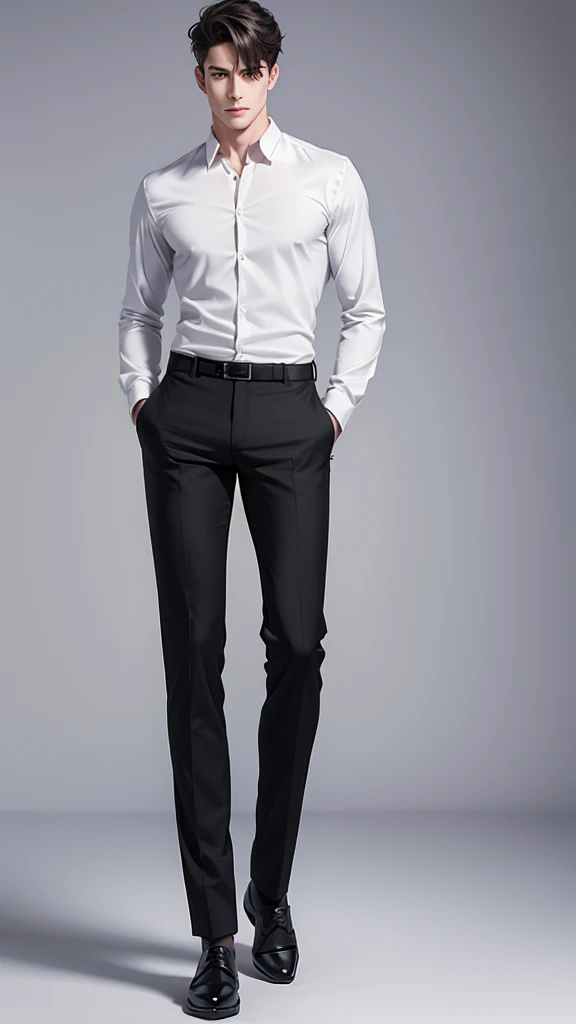 a full-length masculine man in a casual pose. slim build. wearing a white button-down shirt and black trousers and detailed polished shoes. Hairstyle should be simple and natural. Try to keep body proportions realistic and avoid distortions. Face should be in a neutral expression, looking straight ahead, full-length distant view, 0° angle, frontal, framing distance 5790 mm