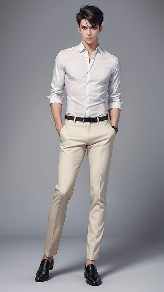 a full-length masculine man in a casual pose. slim build. wearing a white button-down shirt and black trousers and detailed polished shoes. Hairstyle should be simple and natural. Try to keep body proportions realistic and avoid distortions. Face should be in a neutral expression, looking straight ahead, full-length distant view, 0° angle, frontal, framing distance 5790 mm